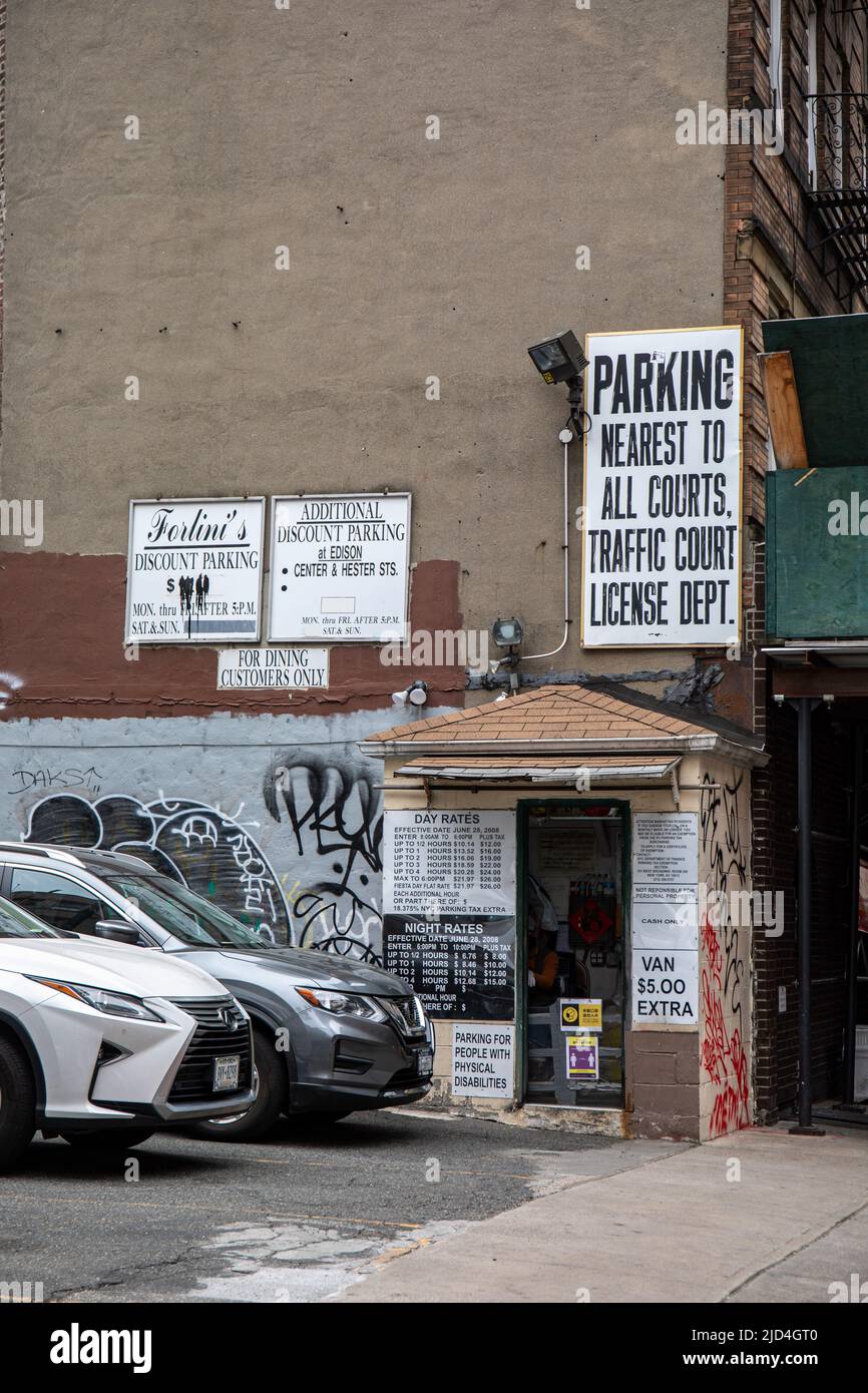 Outdoor parking lot in Chinatown district of Manhattan, New York City