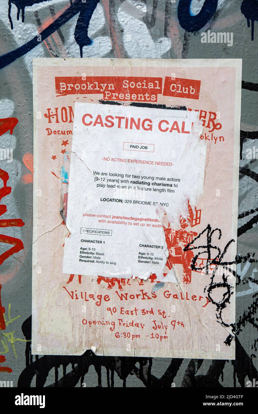 Torn casting call poster in Alphabet City district of Manhattan in New York City, United States of America Stock Photo