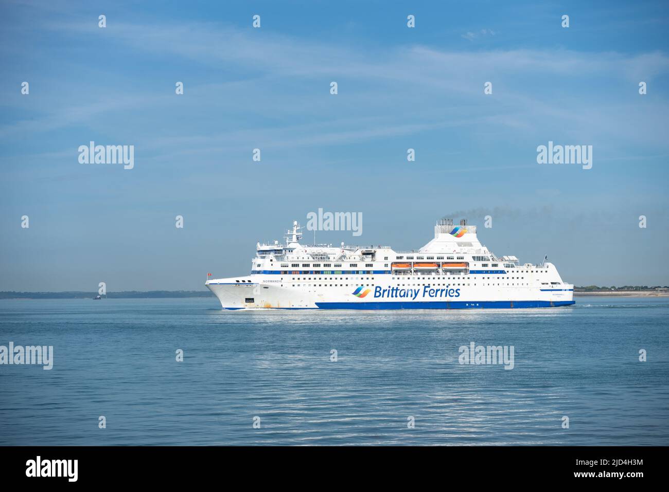 Normandie, one of Brittany Ferries ships leaving Portsmouth harbour and heading out in to the Solent. Stock Photo