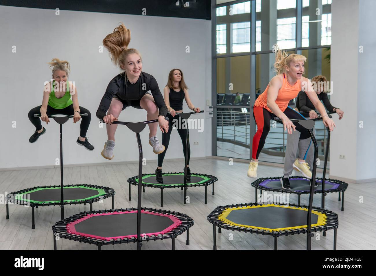 Fitness center group active trampoline friends youth health aerobic