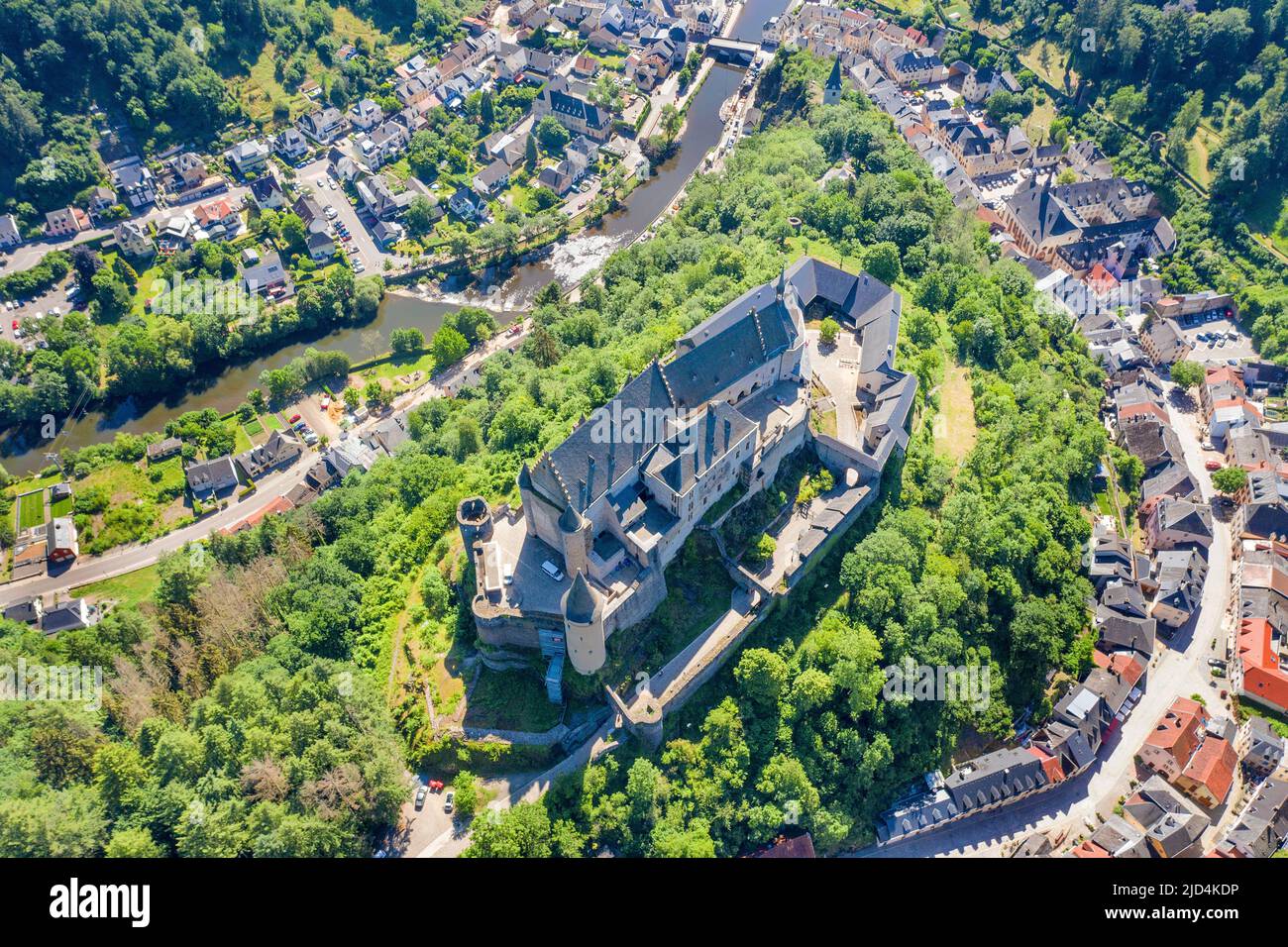 Aerial view of Vianden castle, canton of Vianden, Grand Duchy of Luxembourg, Europe Stock Photo