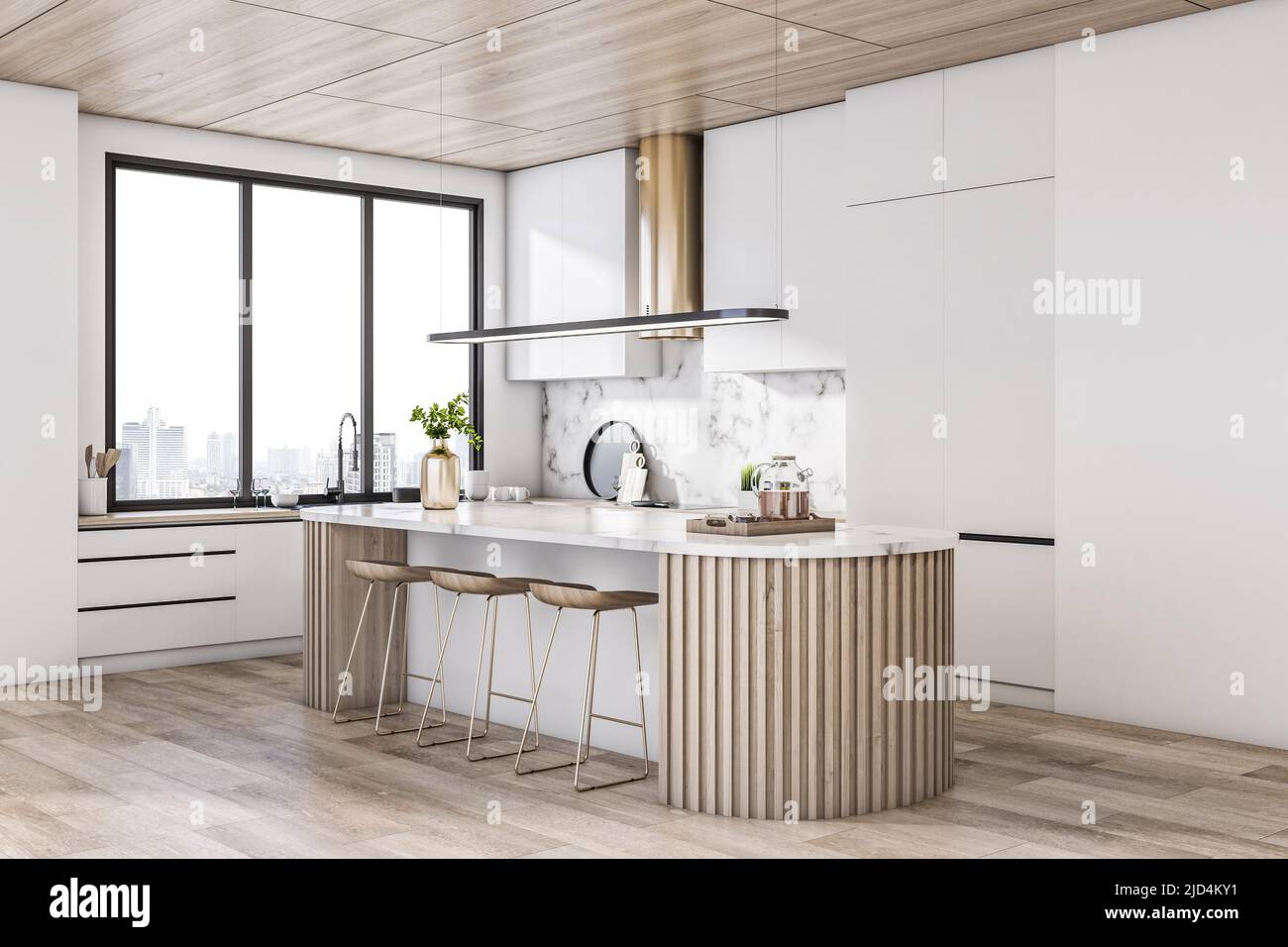 Sunny modern dining area with white kitchen set decorated by wooden