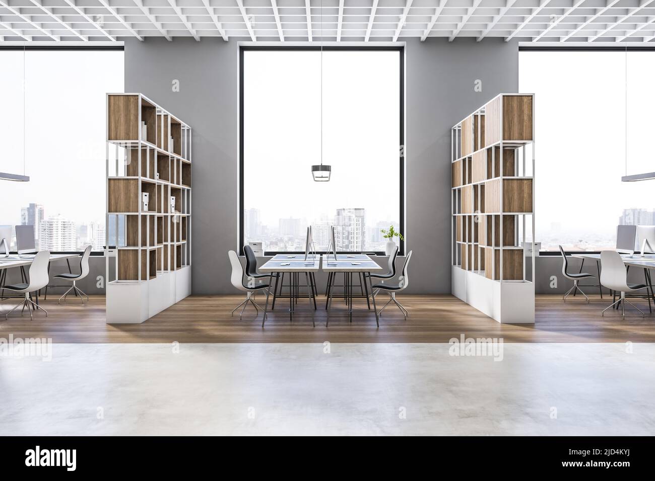Skyscrapers view from big window in stylish open space office with wooden and white workplaces divided by shelves on parquet floor. 3D rendering Stock Photo