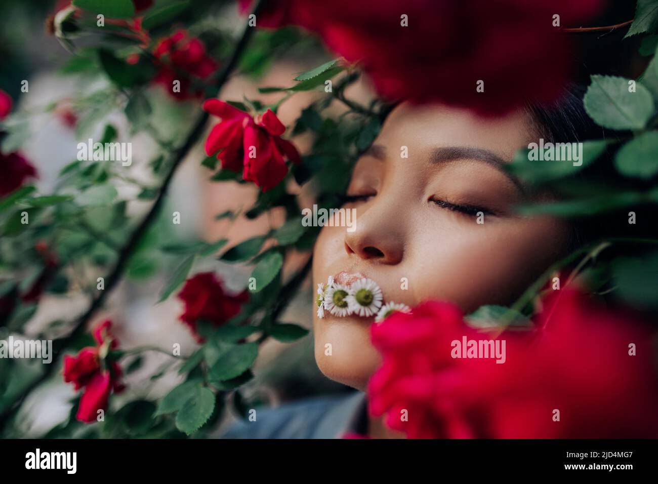 Portrait of young asian woman with closed eyes and chamomile flowers in ...