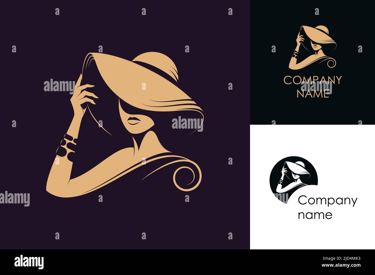 Beautiful woman in elegant hat vector illustration. Silhouette logo ...