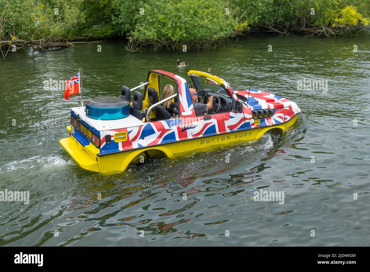 Amphibious car on River Thames, decorated for Queen's 70th (Platinum) Jubilee Stock Photo