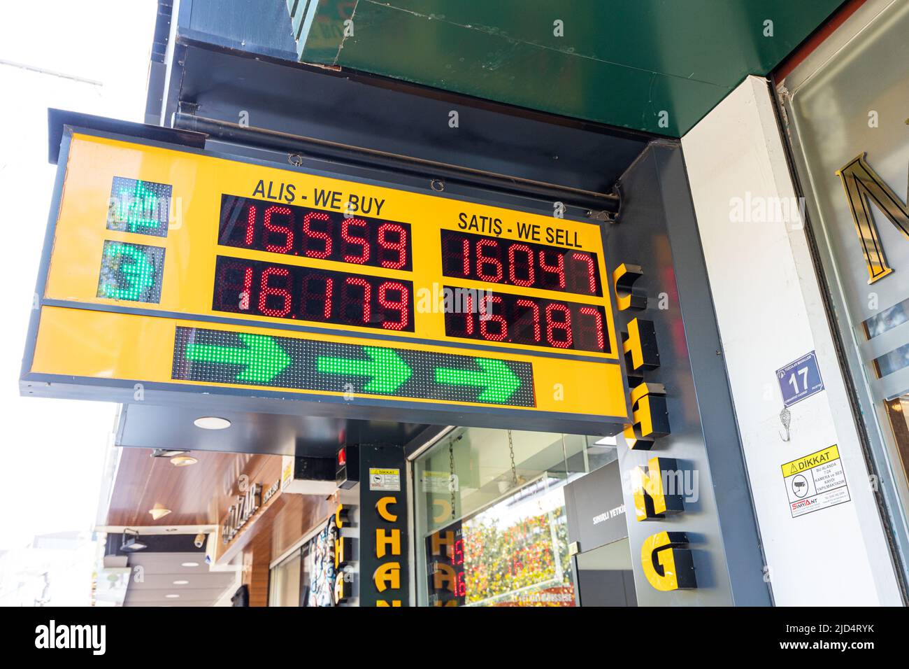 18 May 2022, Antalya, Turkiye Turkish lira currency exchange signage