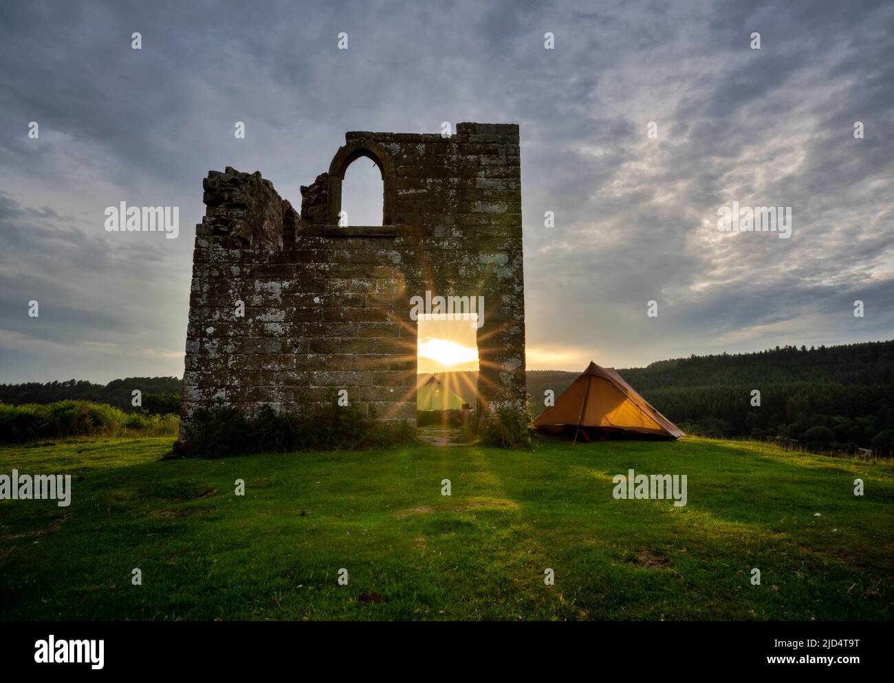 Sunset Camping at Skelton Tower on the North York Moors in England Stock Photo