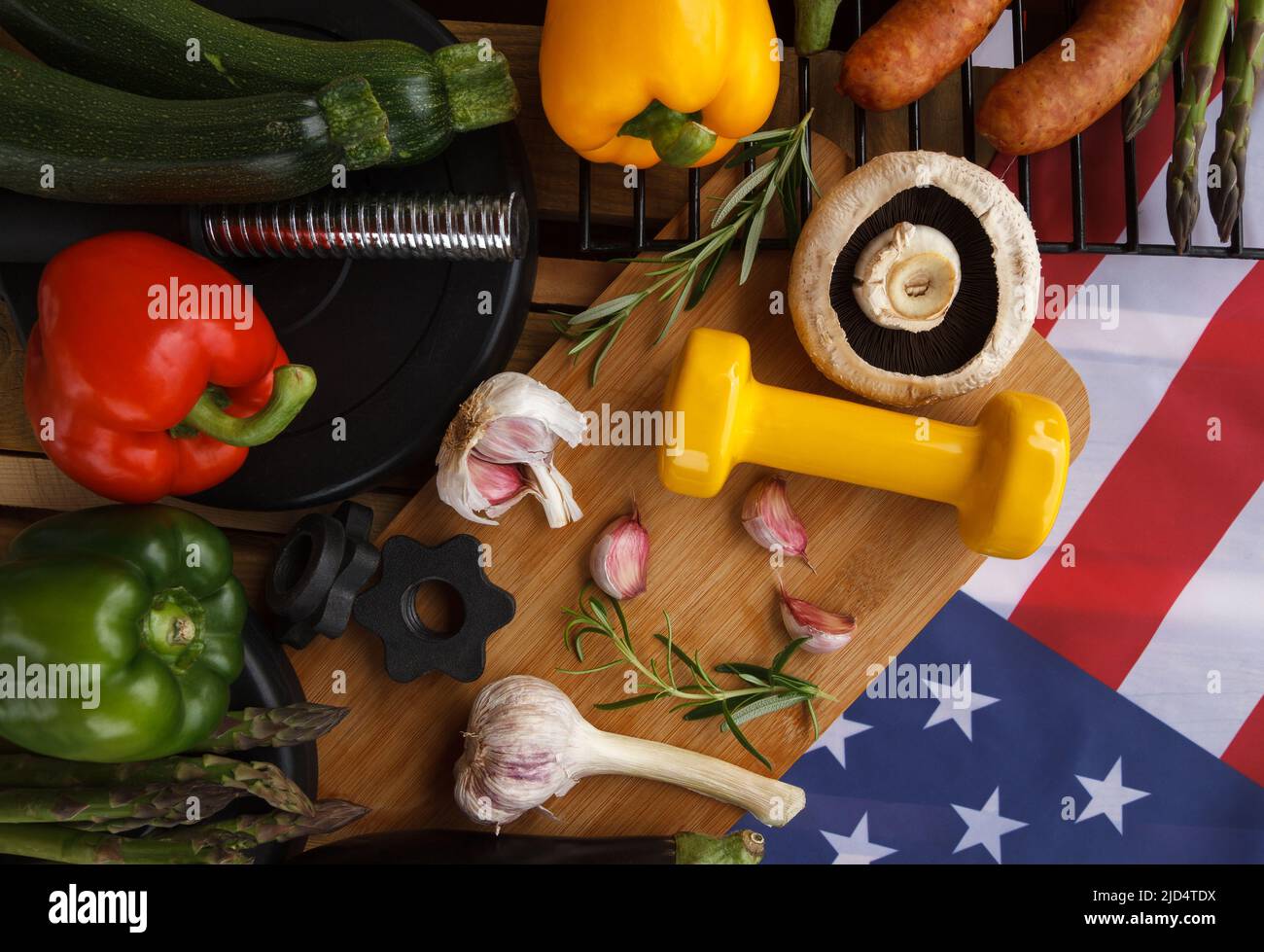 Gym dumbbells, vegetables, flag of the United States of America. Fit