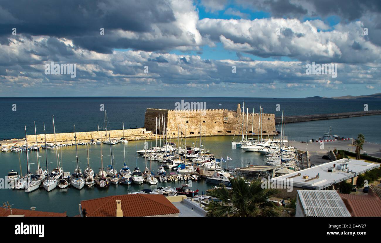 Heraklion Fort and harbour on a cloudy morning shot from above Stock Photo
