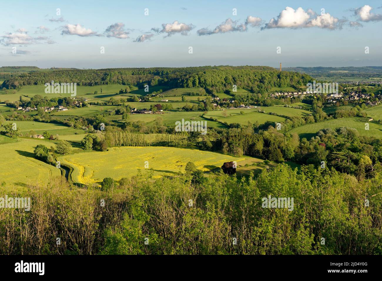 North Nibley & Tyndale Monument from viewed Drakestone Point, Dursley, Gloucestershire, UK Stock Photo