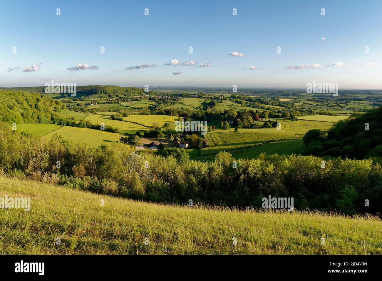 Stancombe Park with North Nibley & Tyndale Monument from Stinchcombe Hill, Dursley, Gloucestershire, UK Stock Photo