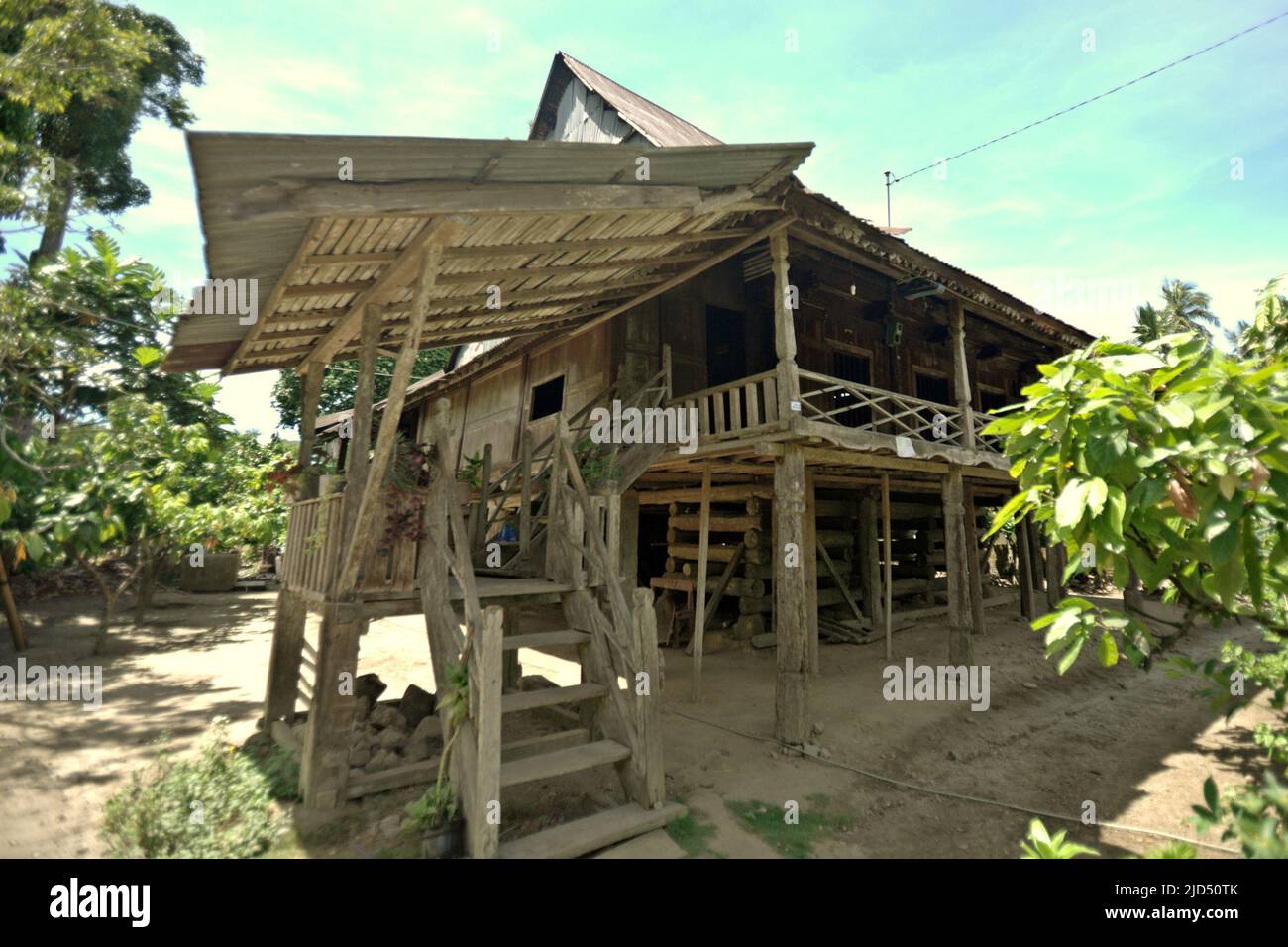 A wooden house that is designed and constructed to be earthquake-resistant in Banding Agung, Ogan Komering Ulu Selatan, South Sumatra, Indonesia. Stock Photo