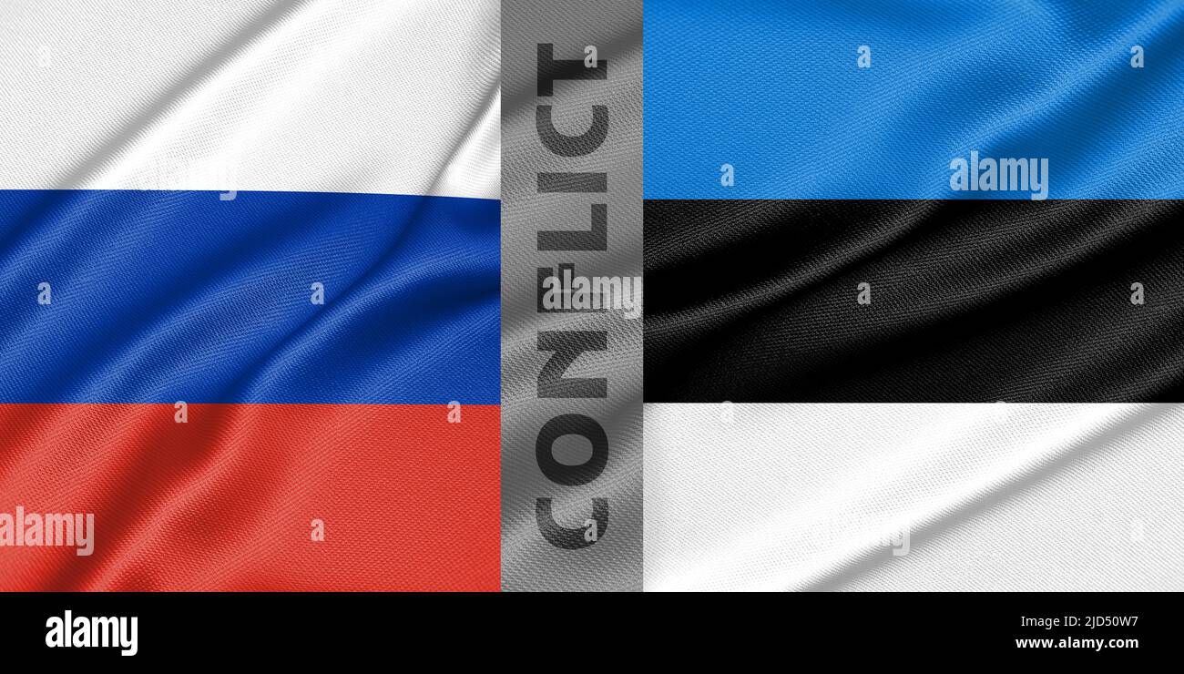 Conflict Russia and Estonia, war between Russia vs Estonia, fabric national flag Russia and Flag Estonia, war crisis concept. 3D work and 3D image Stock Photo
