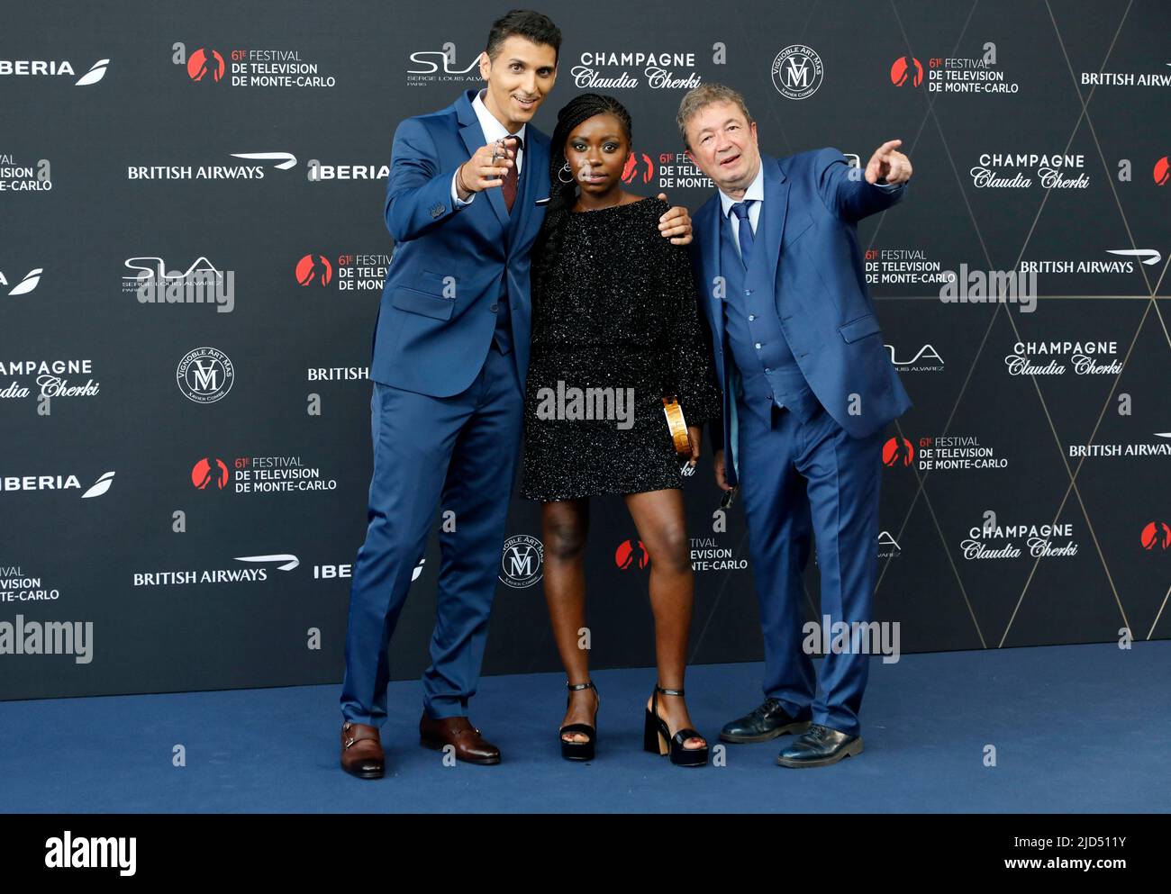 Monaco. 17th June, 2022. Ryad Baxx, Claudia Mongumu and Frédéric Bouraly during the opening ceremony of the 61st Monte Carlo TV Festival in Monte-Carlo, Monacoon June 17, 2022. Photo by Patrick Aventurier/ABACAPRESS.COM Credit: Abaca Press/Alamy Live News Stock Photo