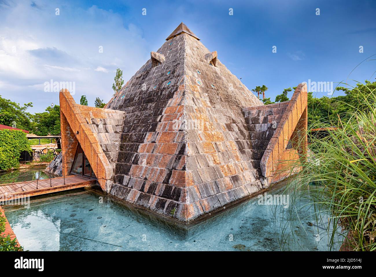 A pyramid mockup structure in the style and inspired by the Aztec and Mayan pyramids on the Yucatan Peninsula in Mexico Stock Photo