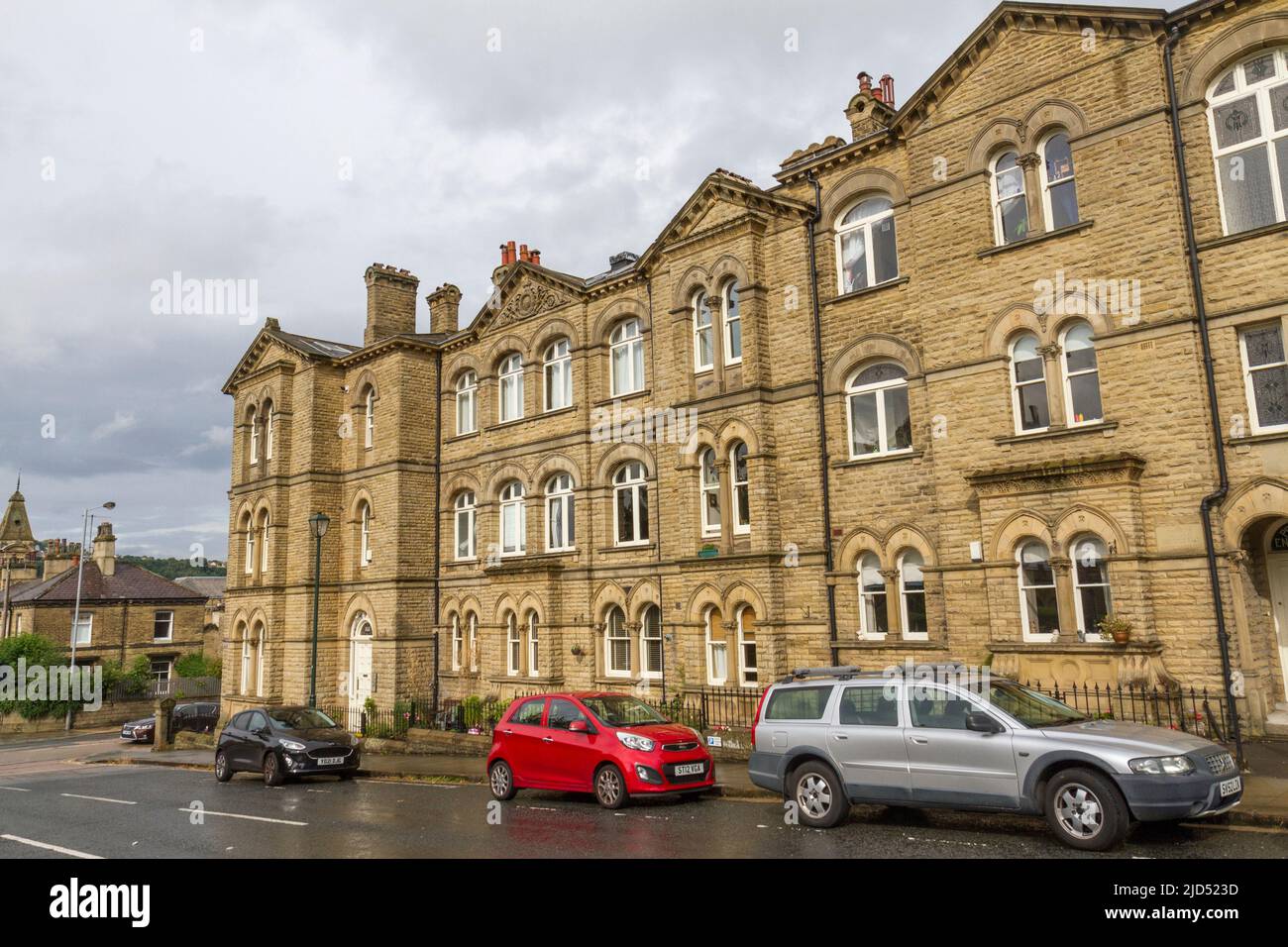 Sir Titus Salt's Hospital, typical stunning architecture in Saltaire, a Victorian model village, Shipley, Bradford, West Yorkshire, England. Stock Photo