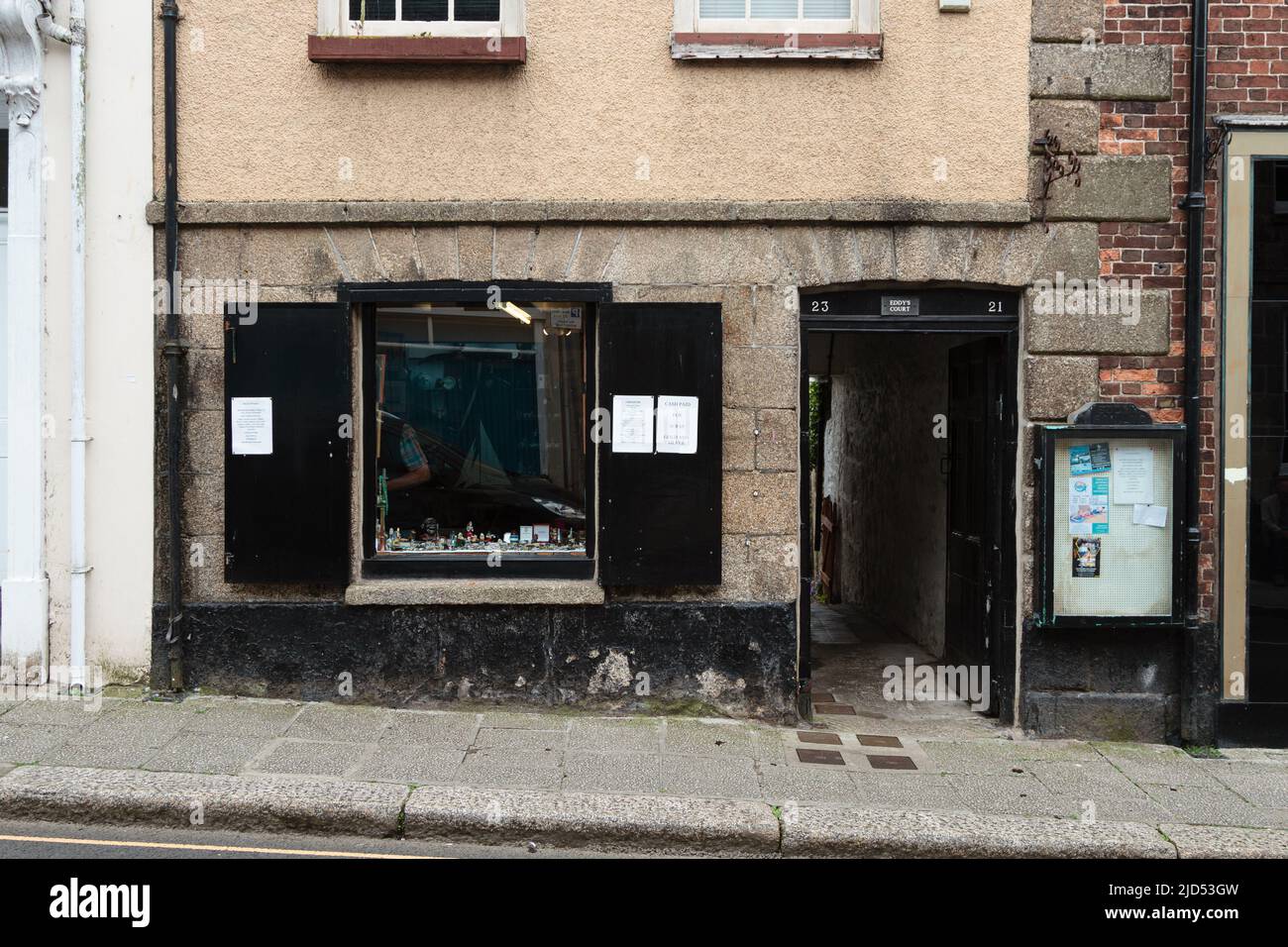 Retail outlets (Hellys Antiques) in Meneage Street, Helston, Cornwall