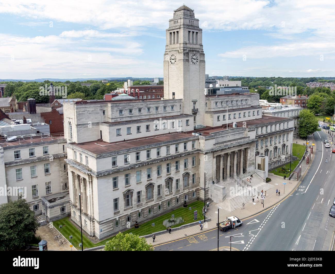Leeds university, Leeds West Yorkshire. Northern university in England, United Kingdom. Aerial view of the iconic university building Stock Photo