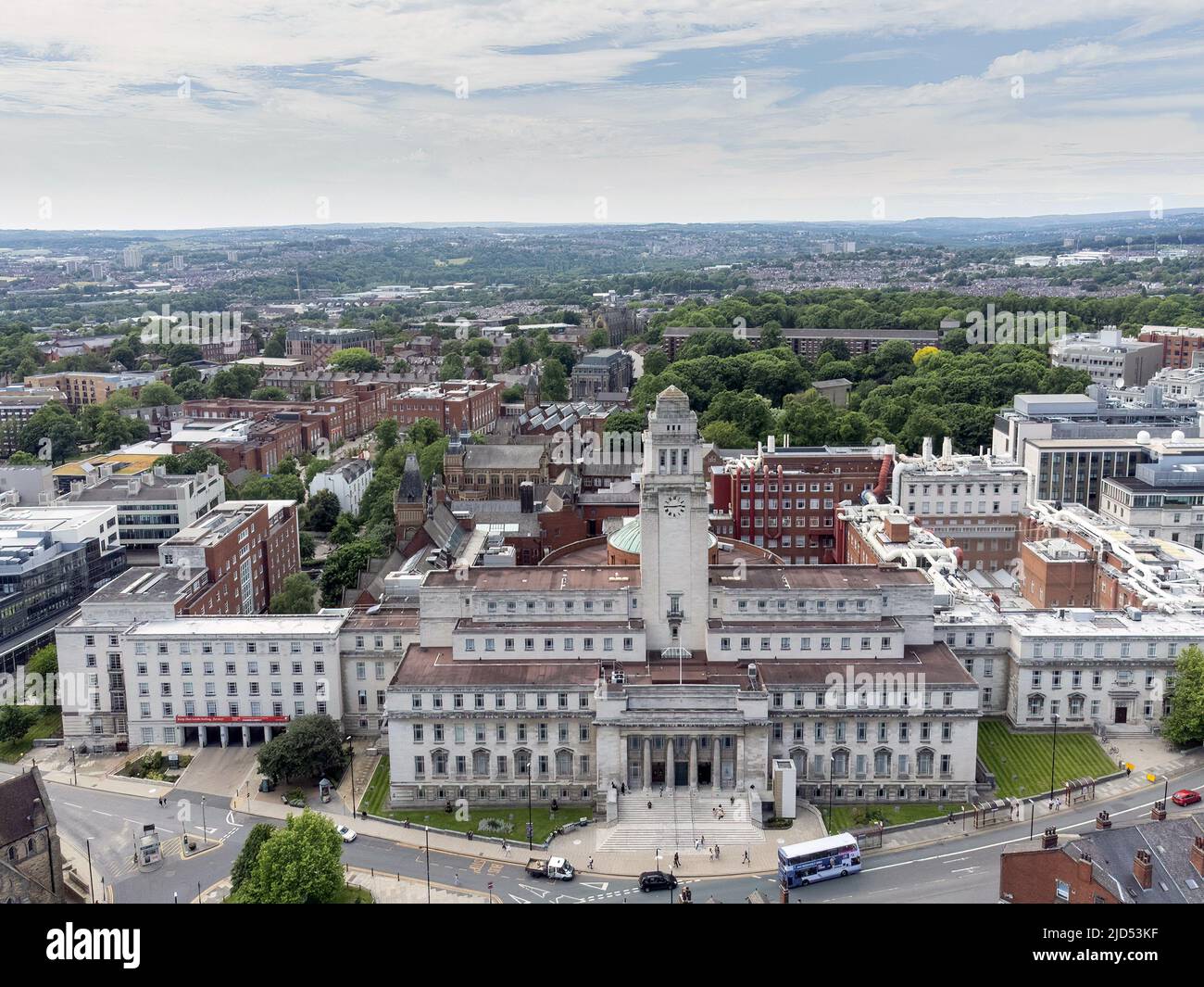 Leeds university, Leeds West Yorkshire. Northern university in England, United Kingdom. Aerial view of the iconic university building Stock Photo