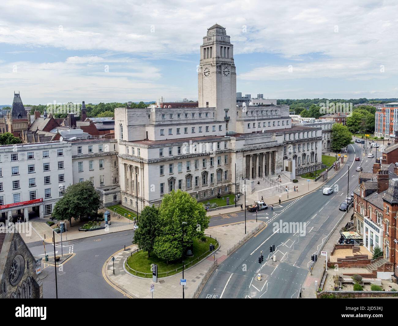 Leeds university, Leeds West Yorkshire. Northern university in England, United Kingdom. Aerial view of the iconic university building Stock Photo