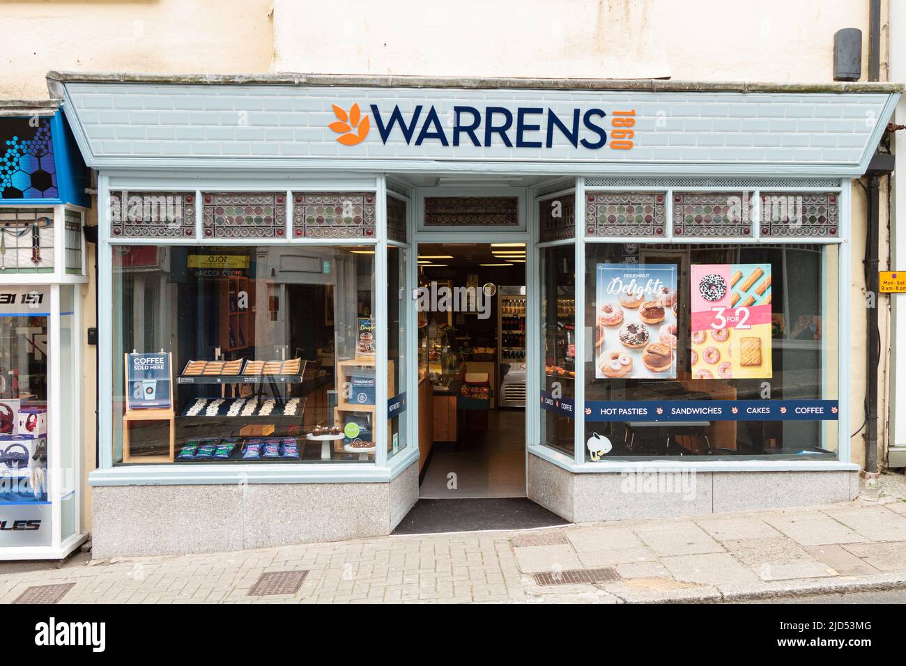 Retail outlets (Warrens) in Meneage Street, Helston, Cornwall, England