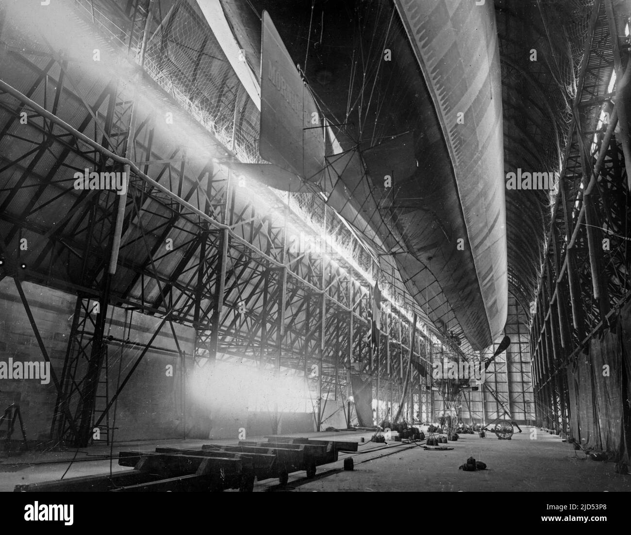 The Airship Lebaudy Morning Post in its hangar.  It was a French Semi-Rigid Airship built for The British Army in 1910. At the time it was the largest airship in the world. It was destroyed on 4th May 1911. Stock Photo