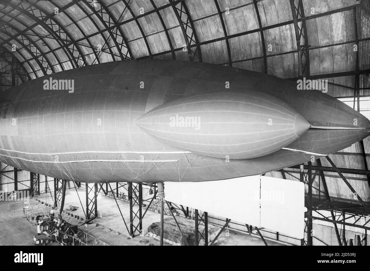 The Gamma Airship as used initially by The British Royal Flying Corps before being bought by The Royal Naval Air Service. Photo shows the initial version of the airship in 1910, in its hangar. Stock Photo
