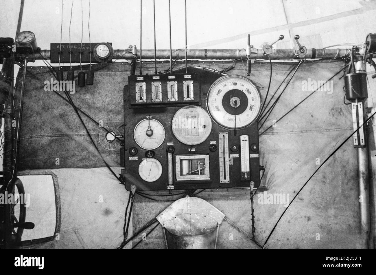 The instrument panel of the British Airship Gamma, built in 1910 for the Royal Flying Corps, before being used by The Royal Naval Air Service.Broken up in 1914. Stock Photo