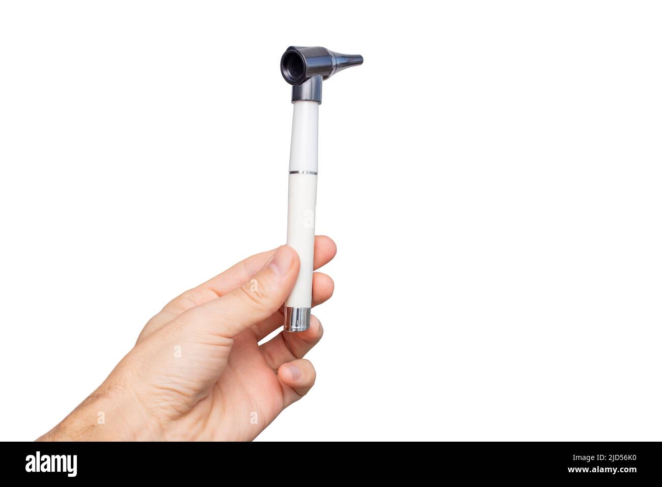 An otoscope isolated on white is a device for examination of hearing ear or nasal canal
