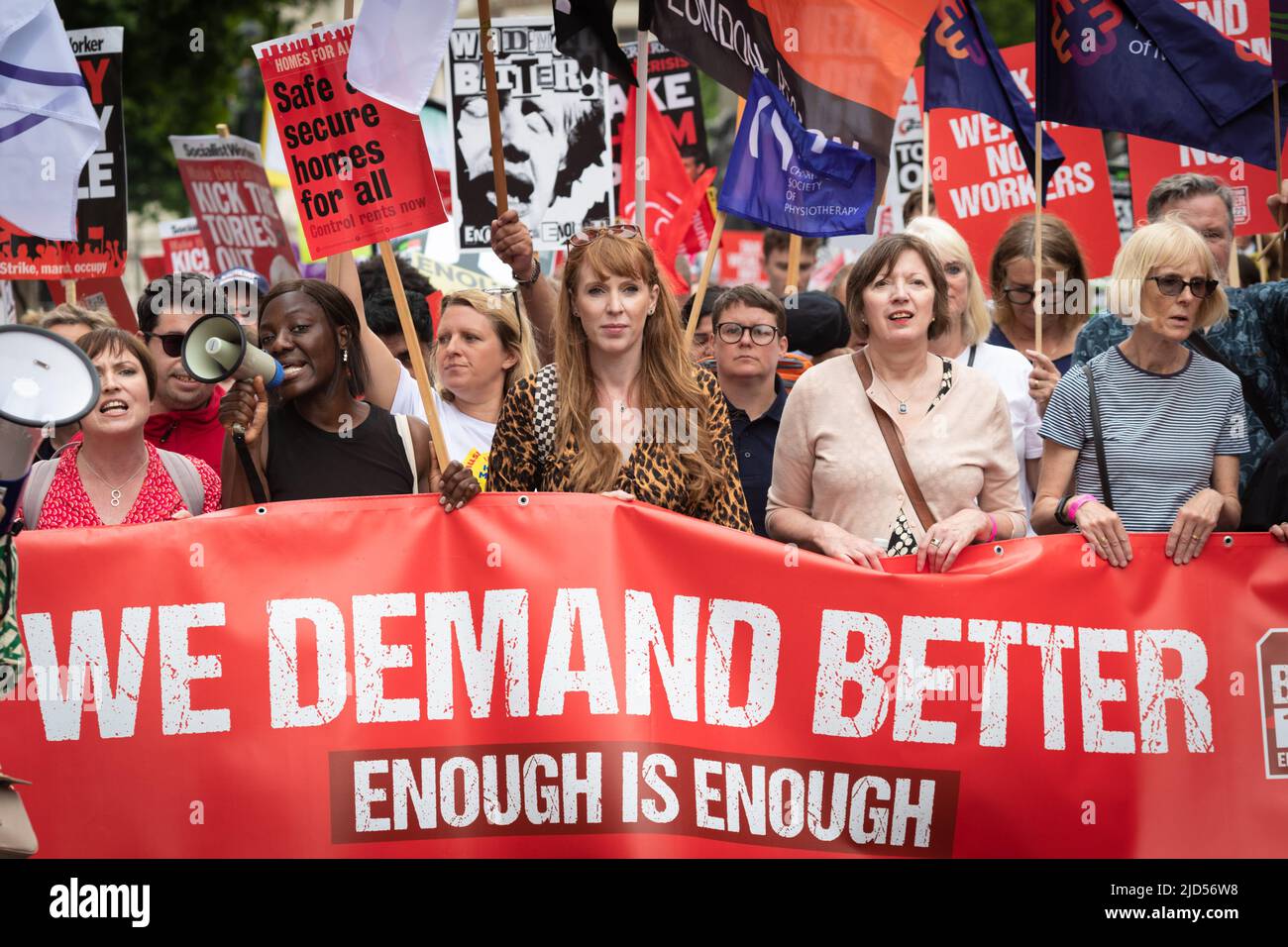 London, UK. 18th June, 2022. Shadow Chancellor of Duchy of Lancaster, Angela Rayner, joins the march. Thousands of people take to the streets for a national demonstration. With inflation spiralling out of control the Trades Union Council organised the protest to raise awareness about the cost of living crisis. Credit: Andy Barton/Alamy Live News Stock Photo