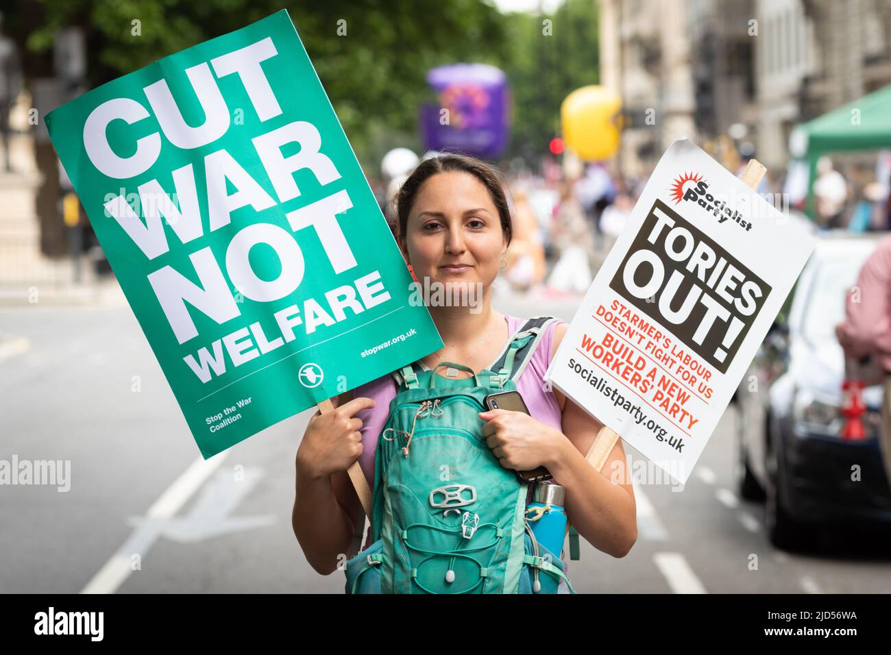 London, UK. 18th June, 2022. A demonstrator poses for a portrait ahead of a Cost Of Living crisis demonstration. Thousands of people take to the streets for a national demonstration. With inflation spiralling out of control the Trades Union Council organised the protest to raise awareness about the cost of living crisis. Credit: Andy Barton/Alamy Live News Stock Photo