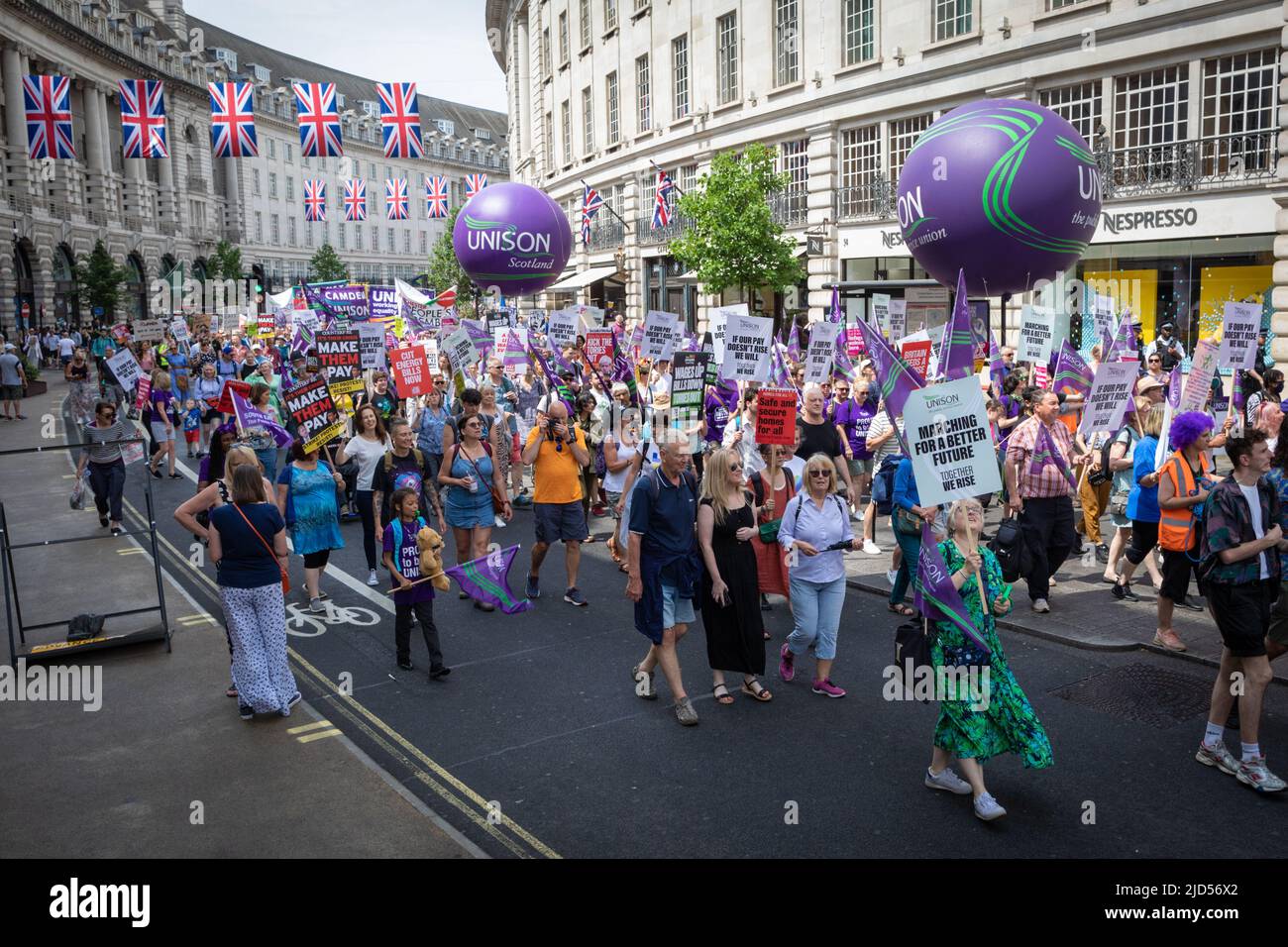 London, UK. 18th June, 2022. Thousands of people take to the streets for a national demonstration. With inflation spiralling out of control the Trades Union Council organised the protest to raise awareness about the cost of living crisis. Credit: Andy Barton/Alamy Live News Stock Photo