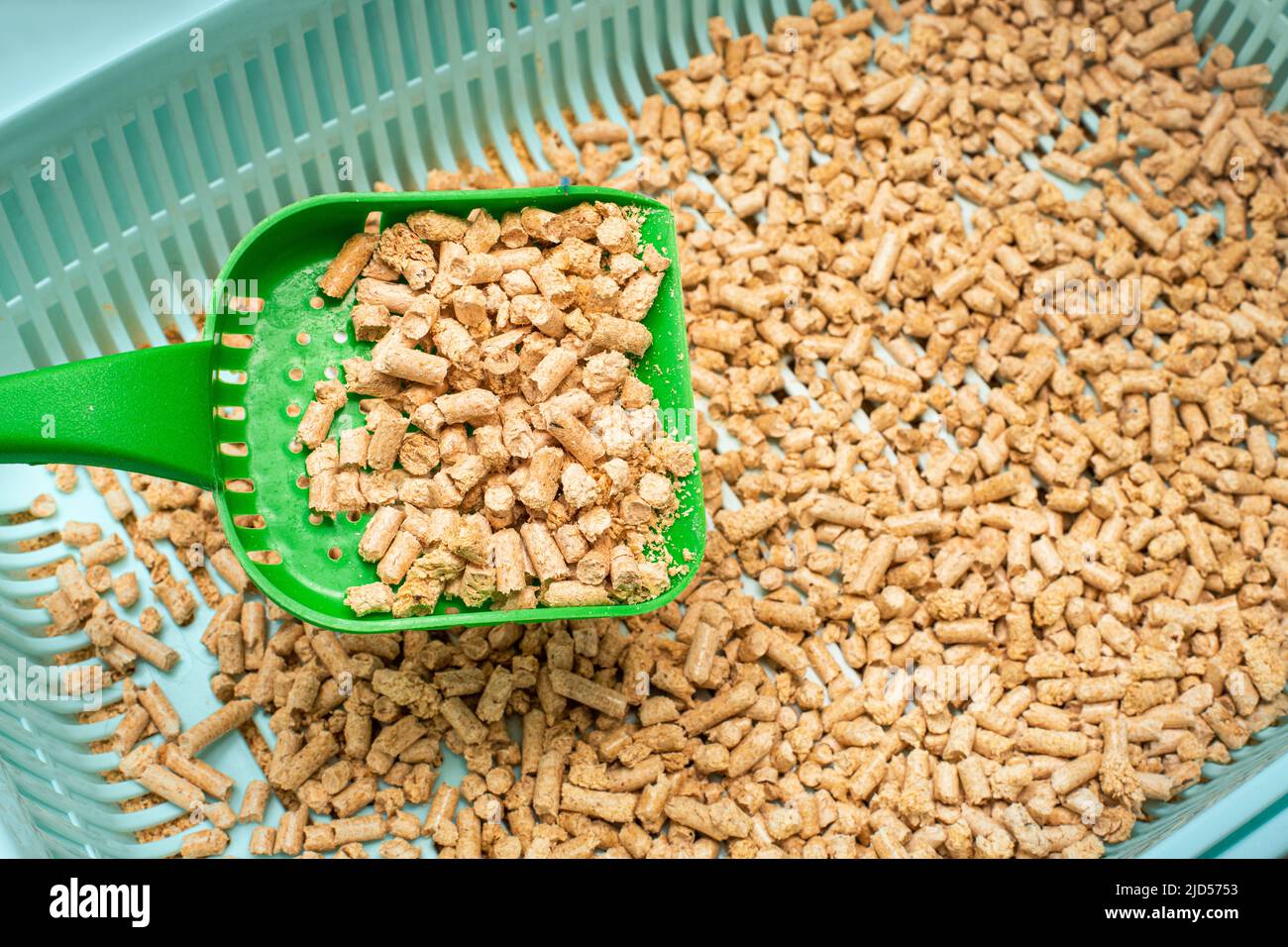 Wooden ecofiller for a cat's toilet and a scoop. Pets hygiene and