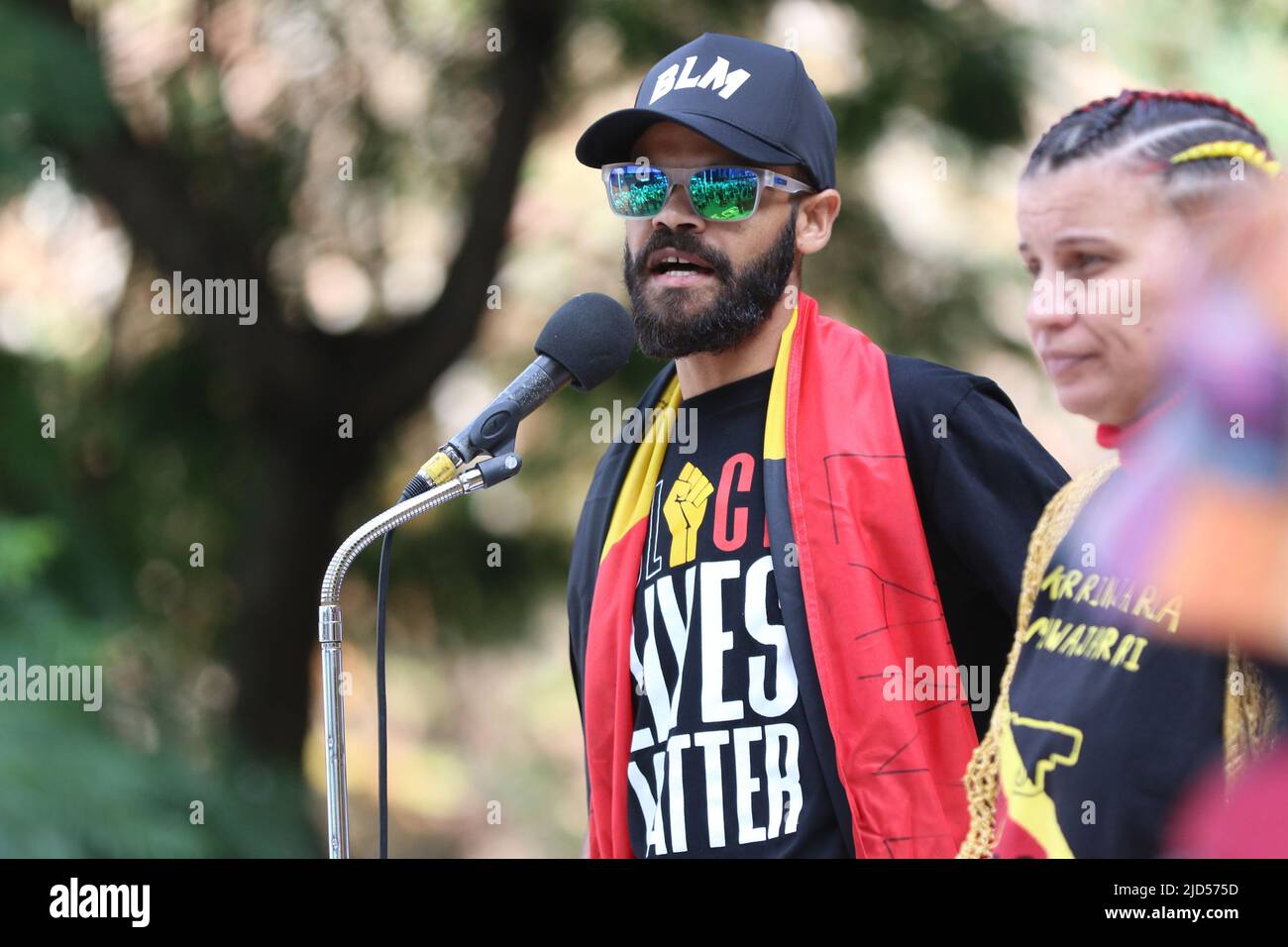 Sydney, Australia. 18th June 2022. Protesters outside Sydney Town Hall against armed police in indigenous communities. Pictured: Paul Silva nephew of David Dungay Junior speaks at the rally. Credit: Richard Milnes/Alamy Live News Stock Photo