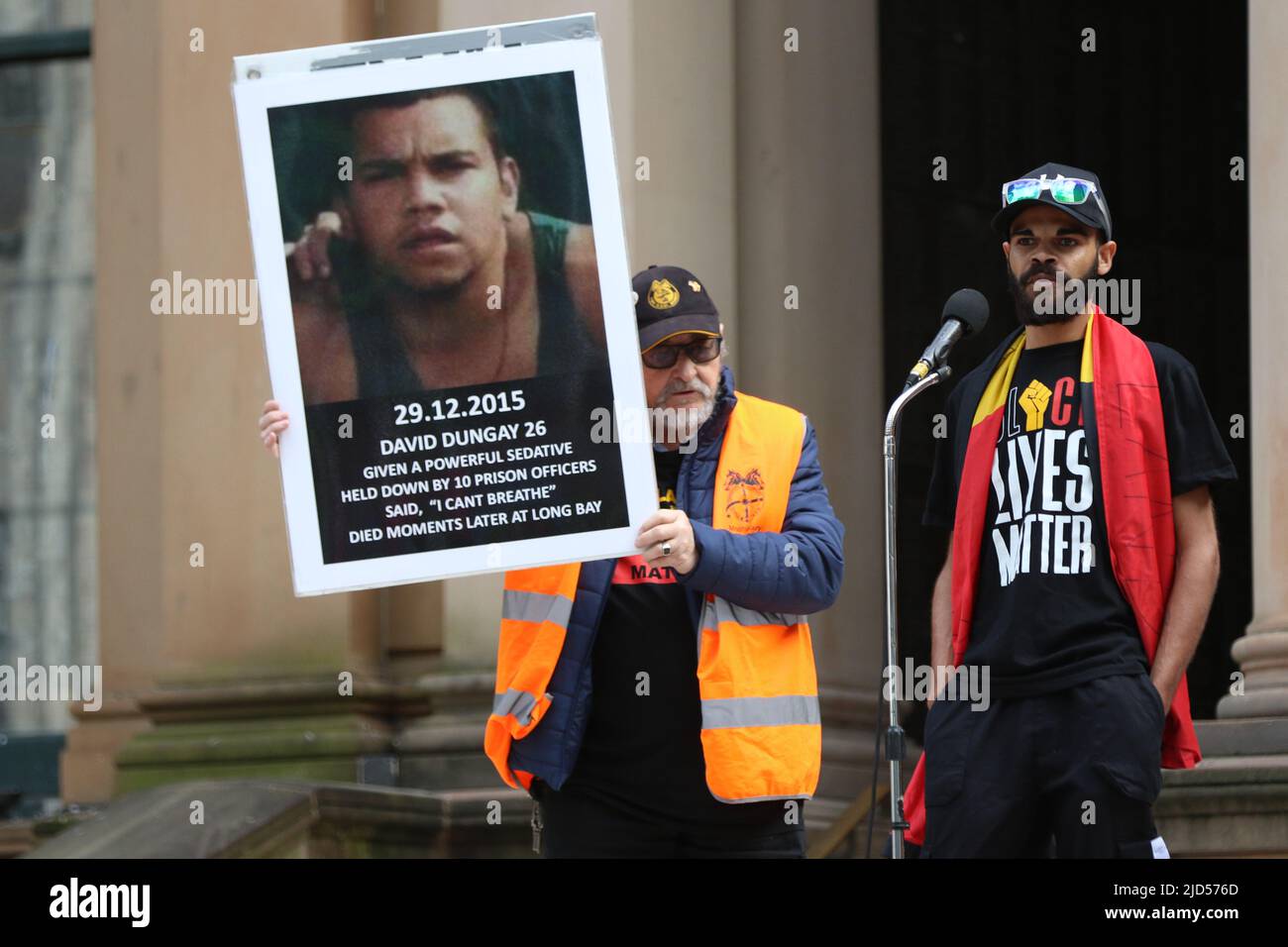 Sydney, Australia. 18th June 2022. Protesters outside Sydney Town Hall against armed police in indigenous communities. Pictured: Paul Silva nephew of David Dungay Junior speaks at the rally. Credit: Richard Milnes/Alamy Live News Stock Photo