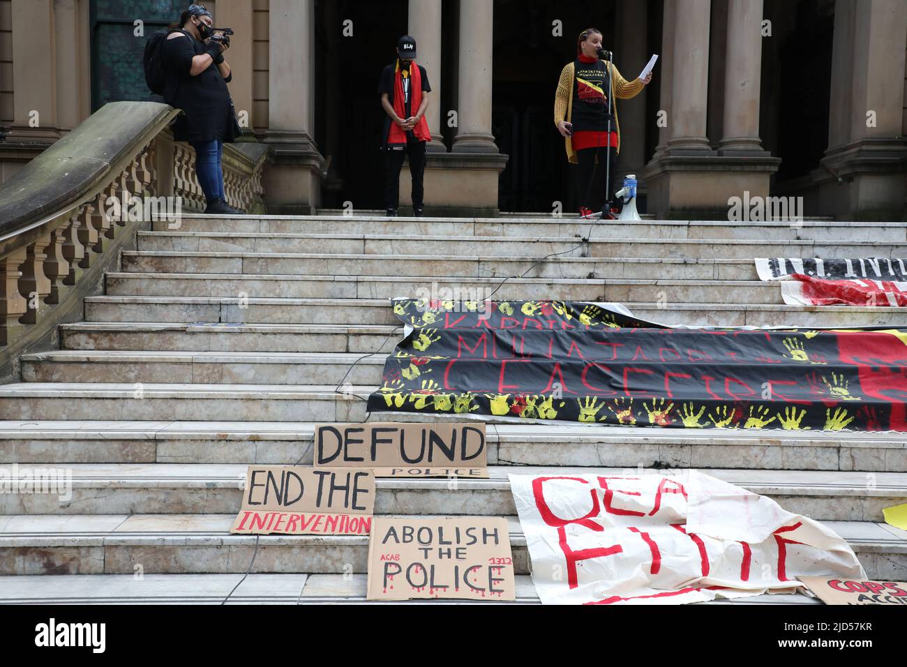 Sydney, Australia. 18th June 2022. Protesters outside Sydney Town Hall