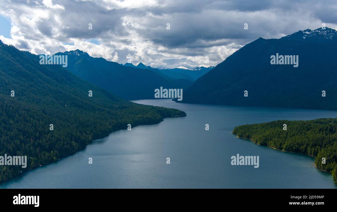Lake Cushman and the Olympic mountains of Washington state in June 2022