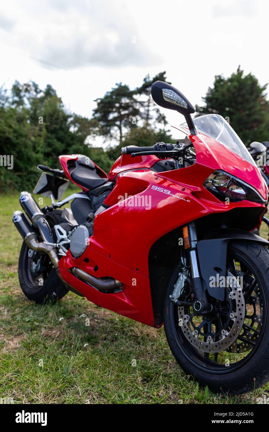 Woodbridge Suffolk UK August 14 2021: A 2019 Ducati 959 Panigale motorbike on display at a bikers meet Stock Photo