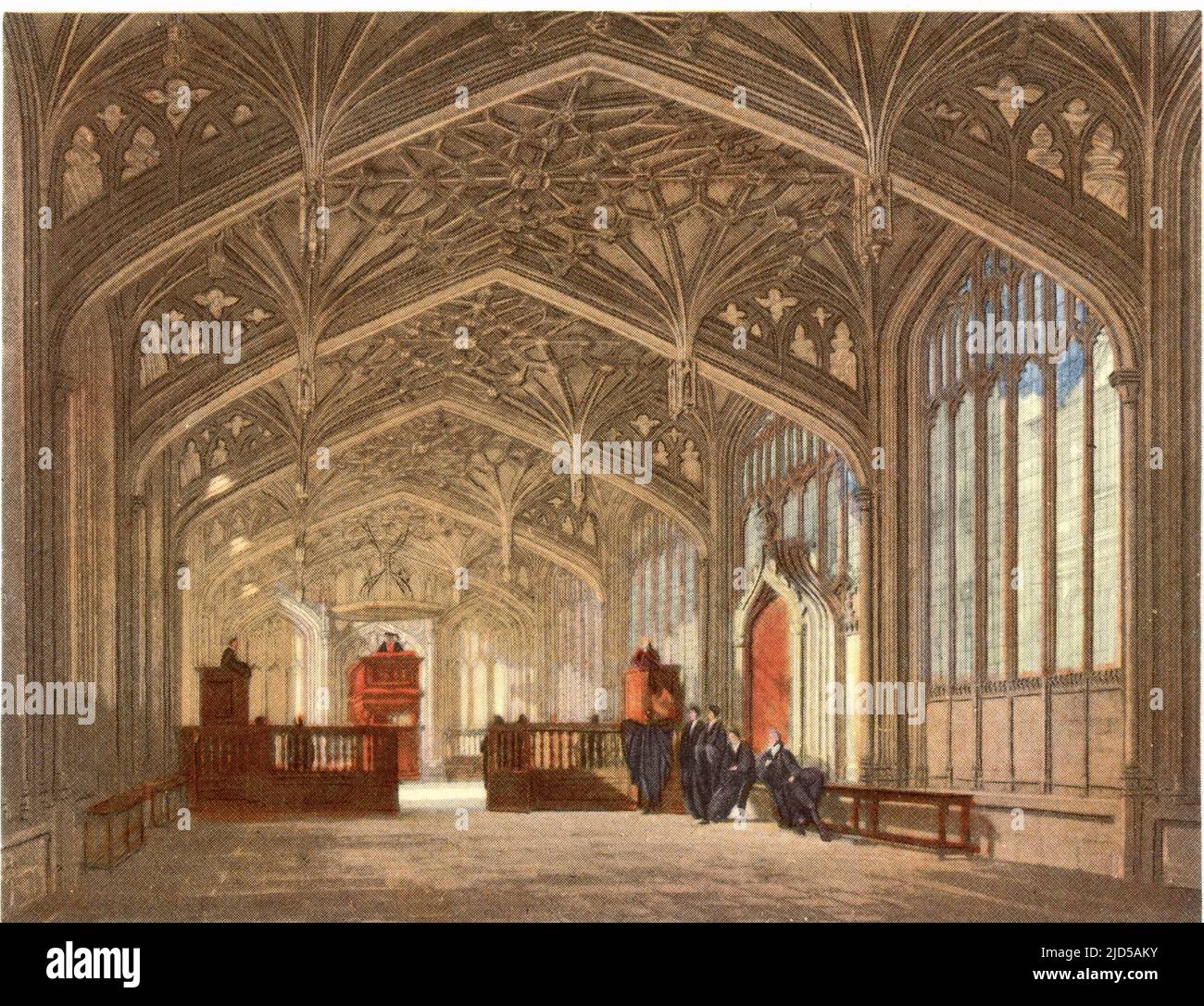The Divine School, 1814. The Divinity School is a medieval building and room in the Perpendicular style in Oxford, England, part of the University of Oxford. Built between 1427 and 1483, the ceiling consists of elaborate lierne vaulting with bosses, designed by William Orchard (fl1468-d1504) in the 1480s. A print from 'A History of the University of Oxford, its Colleges, Halls, and Public Buildings', published by Rudolph Ackermann, 1814. Ilustrated by Augustus Pugin, F. Mackenzie and others. Stock Photo