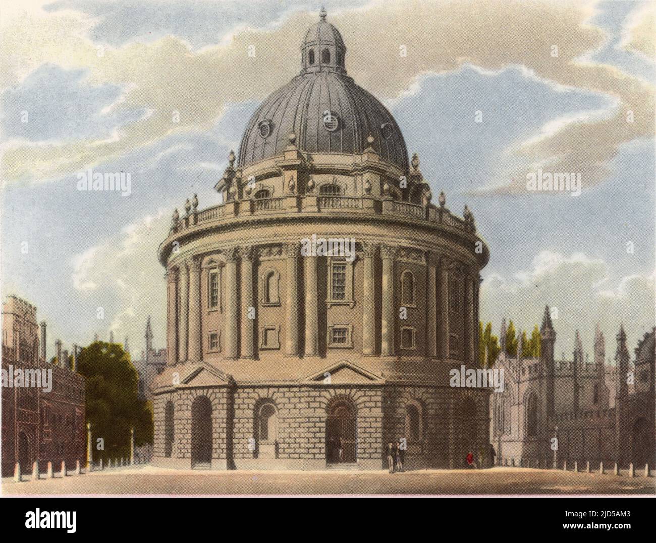 The Radcliffe Library, 1814. The Radcliffe Camera is a building of Oxford University, England, designed by James Gibbs (1682-1754) in neo-classical style and built from 1737-49 to house the Radcliffe Science Library. A print from 'A History of the University of Oxford, its Colleges, Halls, and Public Buildings', published by Rudolph Ackermann, 1814. Ilustrated by Augustus Pugin, F. Mackenzie and others. Stock Photo