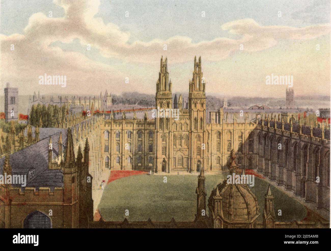 All Souls College, 1814. All Souls College is a constituent college of the University of Oxford in England. A print from 'A History of the University of Oxford, its Colleges, Halls, and Public Buildings', published by Rudolph Ackermann, 1814. Illustrated by Augustus Pugin, F. Mackenzie and others. Stock Photo