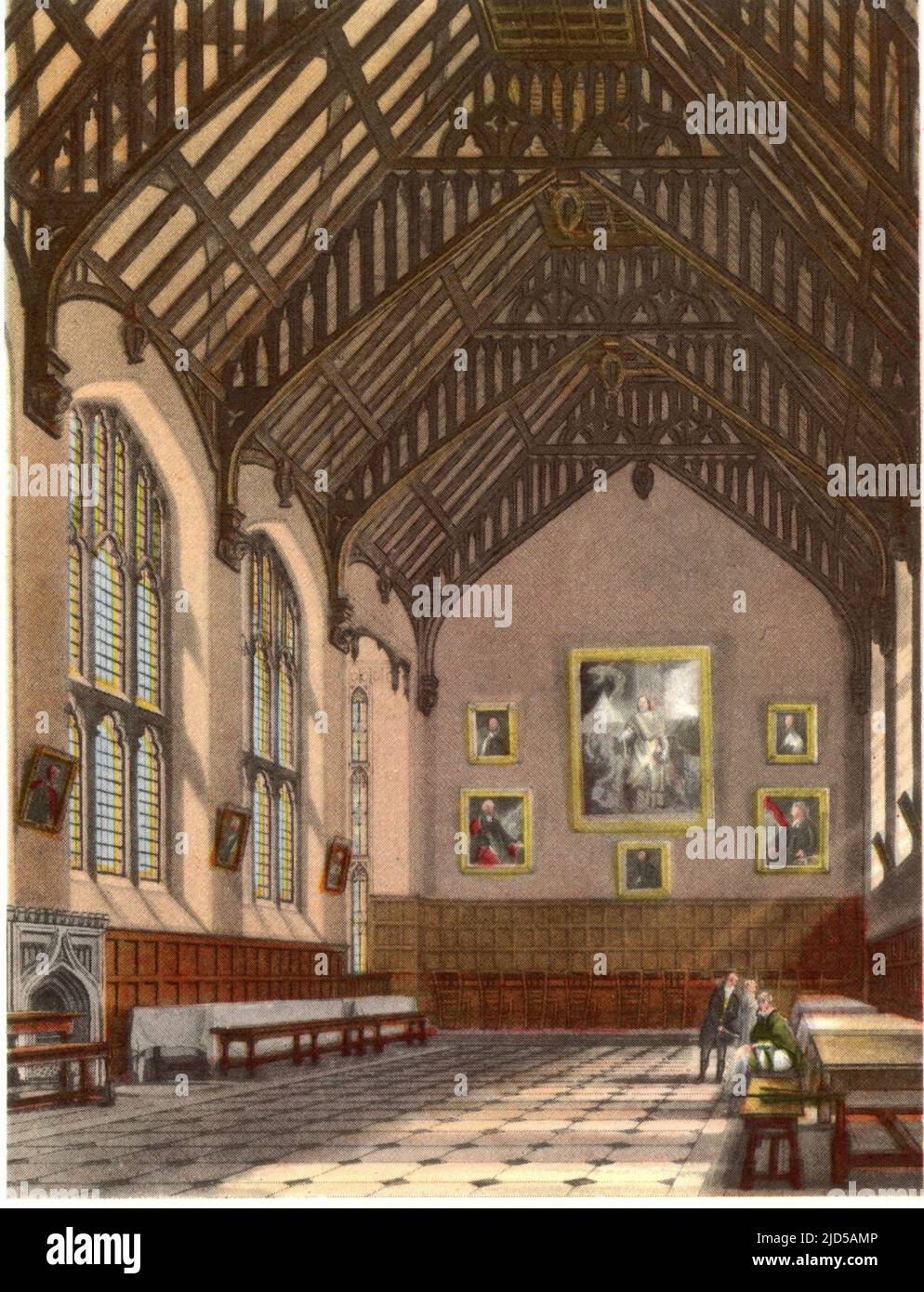 Exeter College Hall, 1814. After Augustus Charles Pugin (1762-1832). Exeter College is one of the constituent colleges of the University of Oxford in Oxford, England. It was founded in 1314 by Walter de Stapledon (1261-1326), Bishop of Exeter. The hall, constructed in 1618, is notable for its vaulted ceilings and numerous portraits. A print from 'A History of the University of Oxford, its Colleges, Halls, and Public Buildings', published by Rudolph Ackermann, 1814. Illustrated by Augustus Pugin, F. Mackenzie and others. Stock Photo