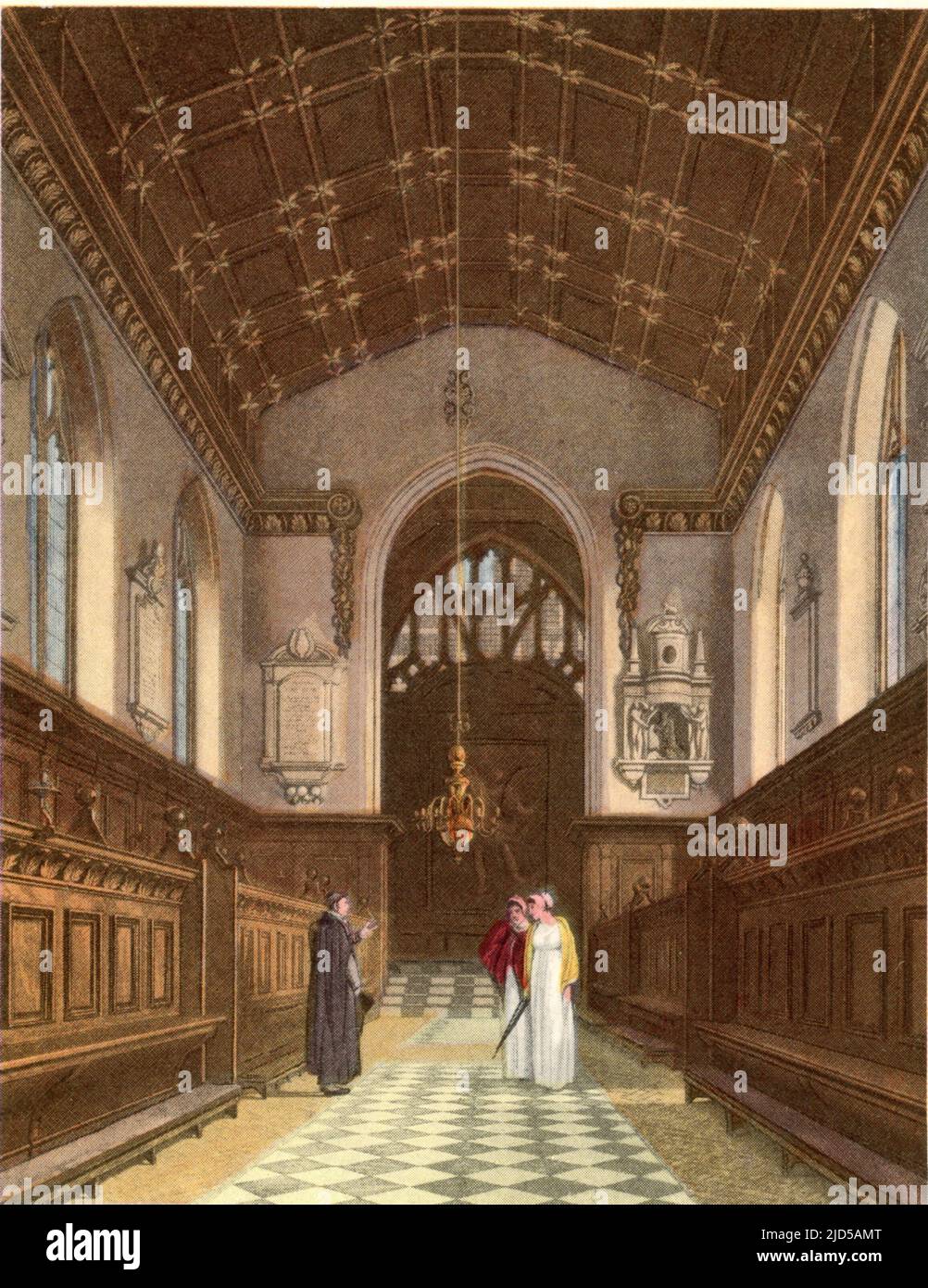Jesus College Chapel, 1814. Jesus College is one of the constituent colleges of the University of Oxford in England. The chapel was dedicated on 28th May 1621, and extended in 1636. A print from 'A History of the University of Oxford, its Colleges, Halls, and Public Buildings', published by Rudolph Ackermann, 1814. Ilustrated by Augustus Pugin, F. Mackenzie and others. Stock Photo