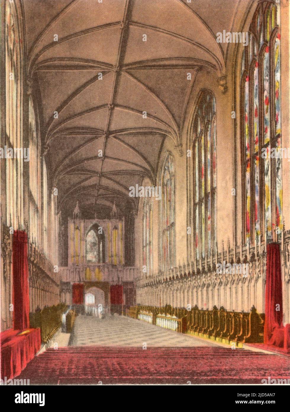 New College Chapel, 1814. New College is one of the constituent colleges of the University of Oxford, England. The college was founded in 1379 by William of Wykeham. The interior of the chapel contains works by Sir Jacob Epstein, El Greco and Sir Joshua Reynolds. A print from 'A History of the University of Oxford, its Colleges, Halls, and Public Buildings', published by Rudolph Ackermann, 1814. Ilustrated by Augustus Pugin, F. Mackenzie and others. Stock Photo