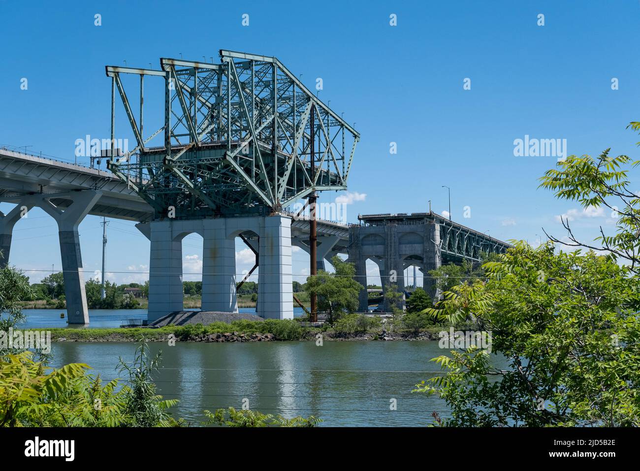 Montreal, Canada - 11 June 2022: Old Champlain Bridge being demolished Stock Photo