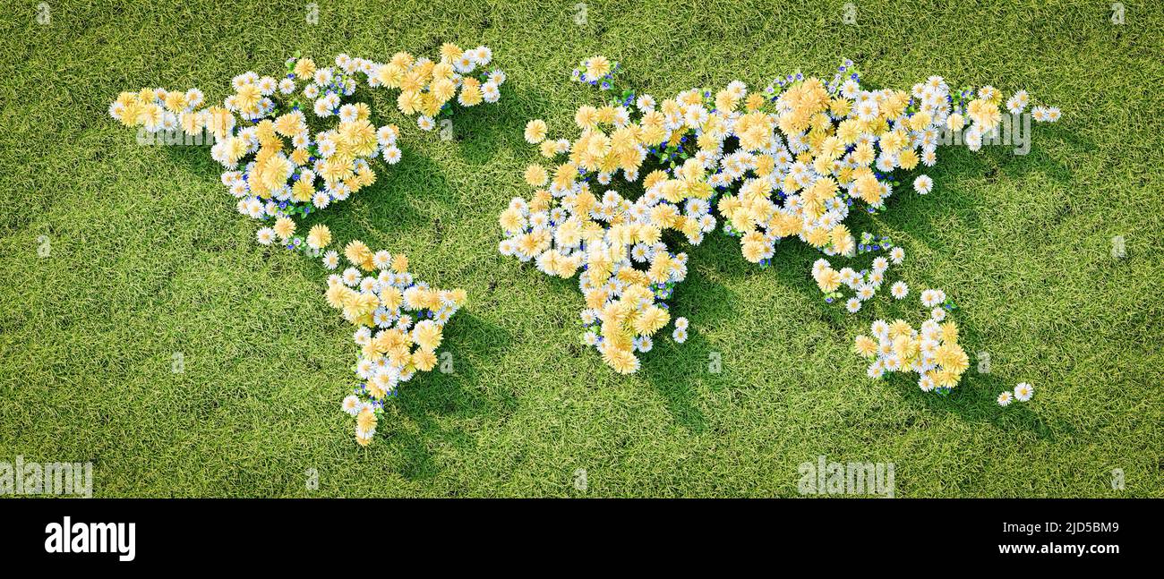 Flowery World Map Shape on Grassy Background Stock Photo