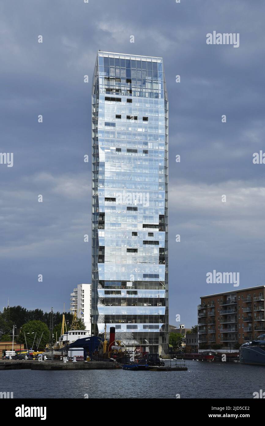 Dollar Bay - glazed residential skyscraper located at Isle of Dogs in east London UK. Stock Photo