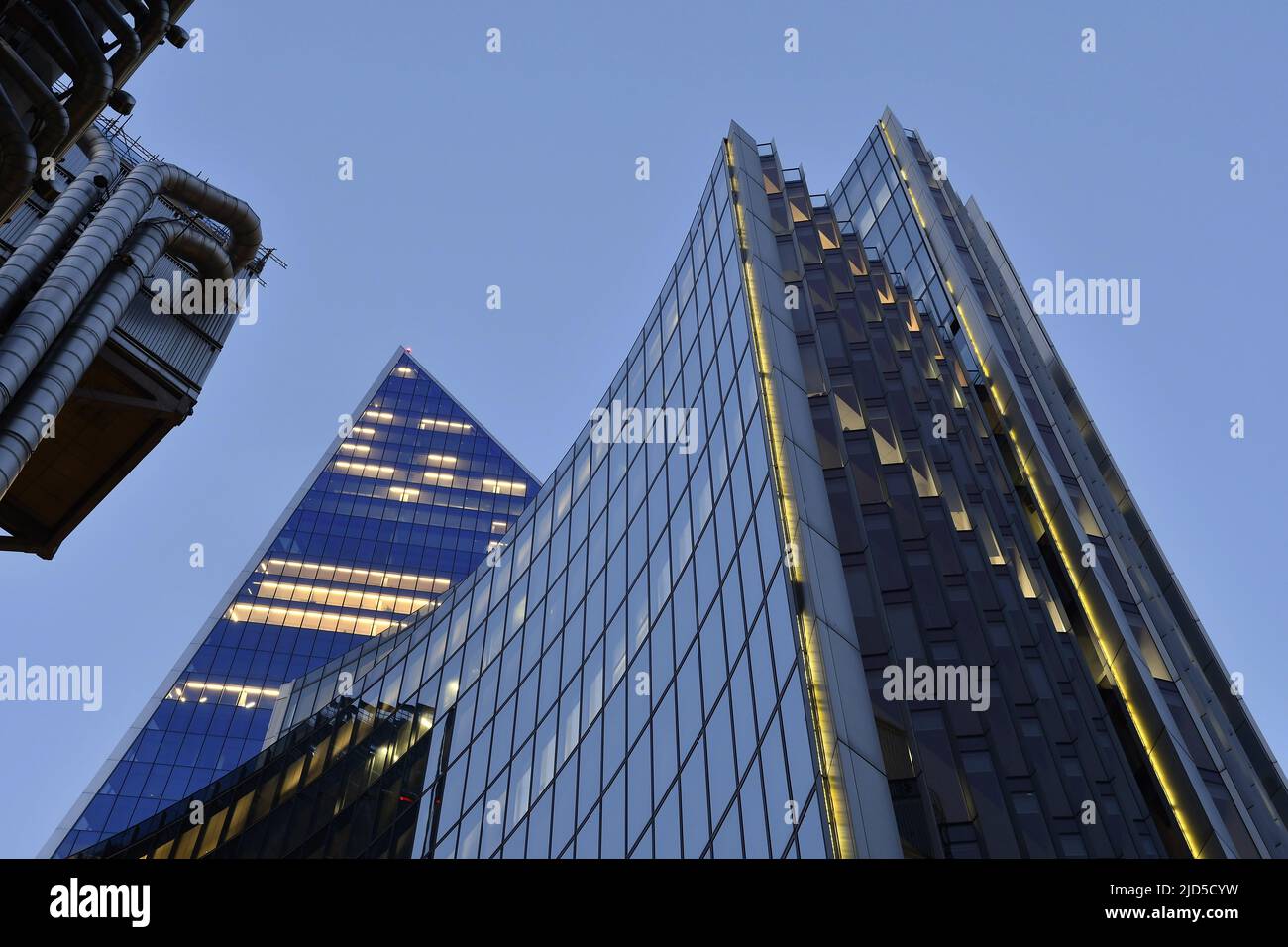 52-54 Lime Street (The Scalpel), Willis Building and Lloyds building, modern landmark skyscrapers at dusk, City of London UK. Stock Photo