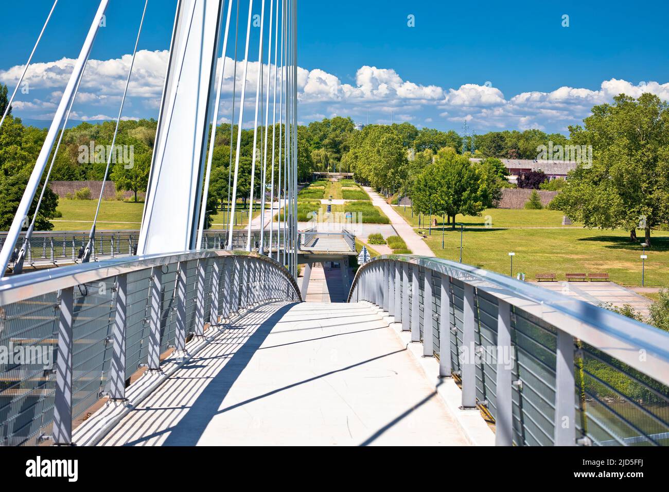 Passerelle des Deux Rives bridge over Rhine river connecting Germany and France, open border Stock Photo